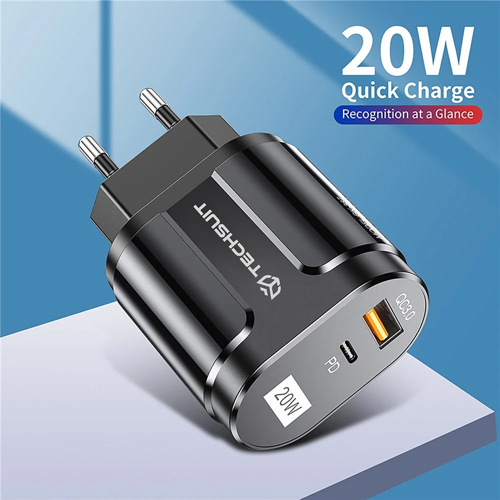 Techsuit Premium Netwerkoplader, 20W, 3A, 1 x USB-A - 1 x USB-C, Zwart CHPD038