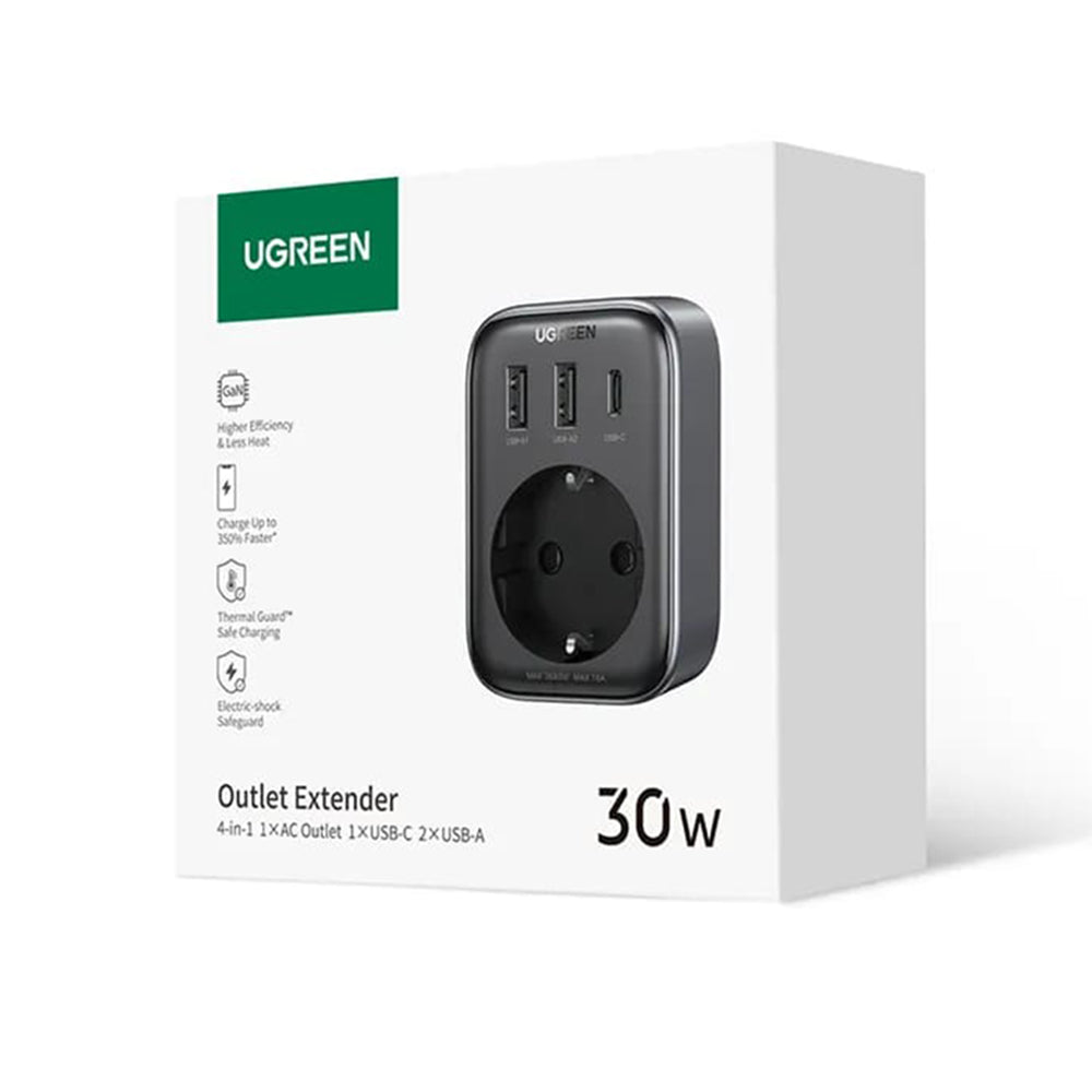 UGREEN 15289 US Netwerkoplader, 30W, 3A, 2 x USB-A - 1 x USB-C - 1 x Schuko, Zwart