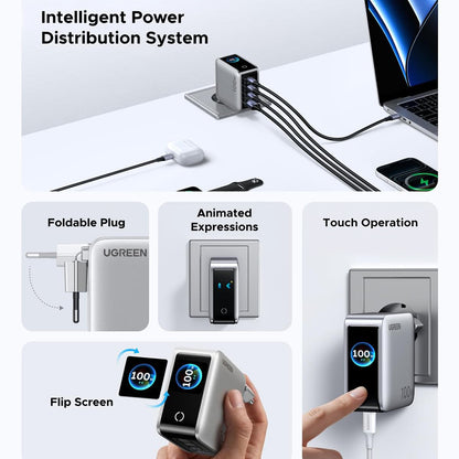 UGREEN Nexode Pro X772 (95942B) Display-netoplader, 100 W, 5 A, 1 x USB-A - 3 x USB-C, grijs