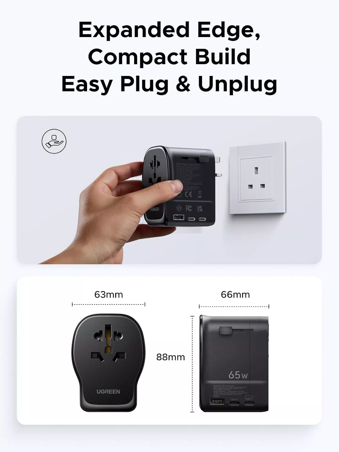 UGREEN Travel S550 Netadapter (55001), 65W, 3,25A, 1 x USB-A - 2 x USB-C, Zwart
