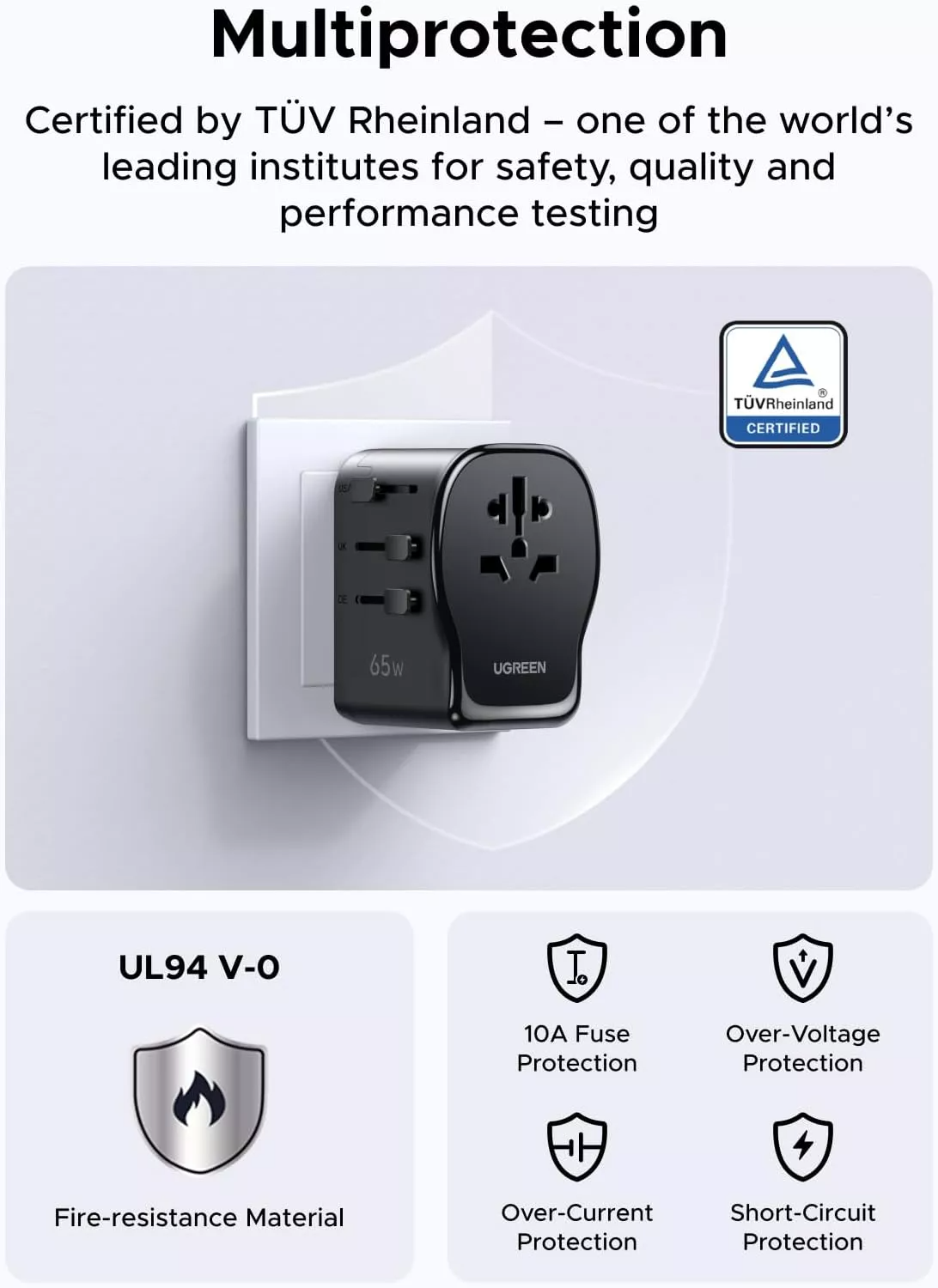 UGREEN Travel S550 Netadapter (55001), 65W, 3,25A, 1 x USB-A - 2 x USB-C, Zwart