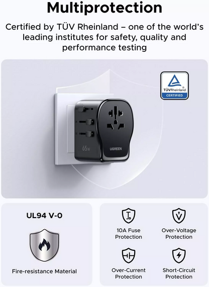 UGREEN Travel S550 Netadapter (55001), 65W, 3,25A, 1 x USB-A - 2 x USB-C, Zwart