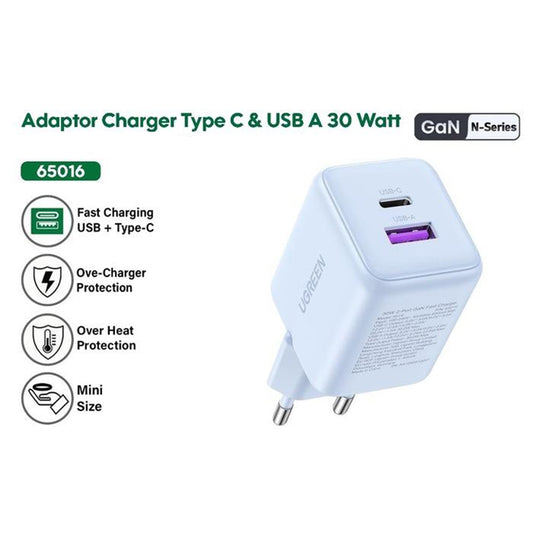 UGREEN X516 Netwerkoplader, 30W, 3A, 1 x USB-A - 1 x USB-C, Zwart
