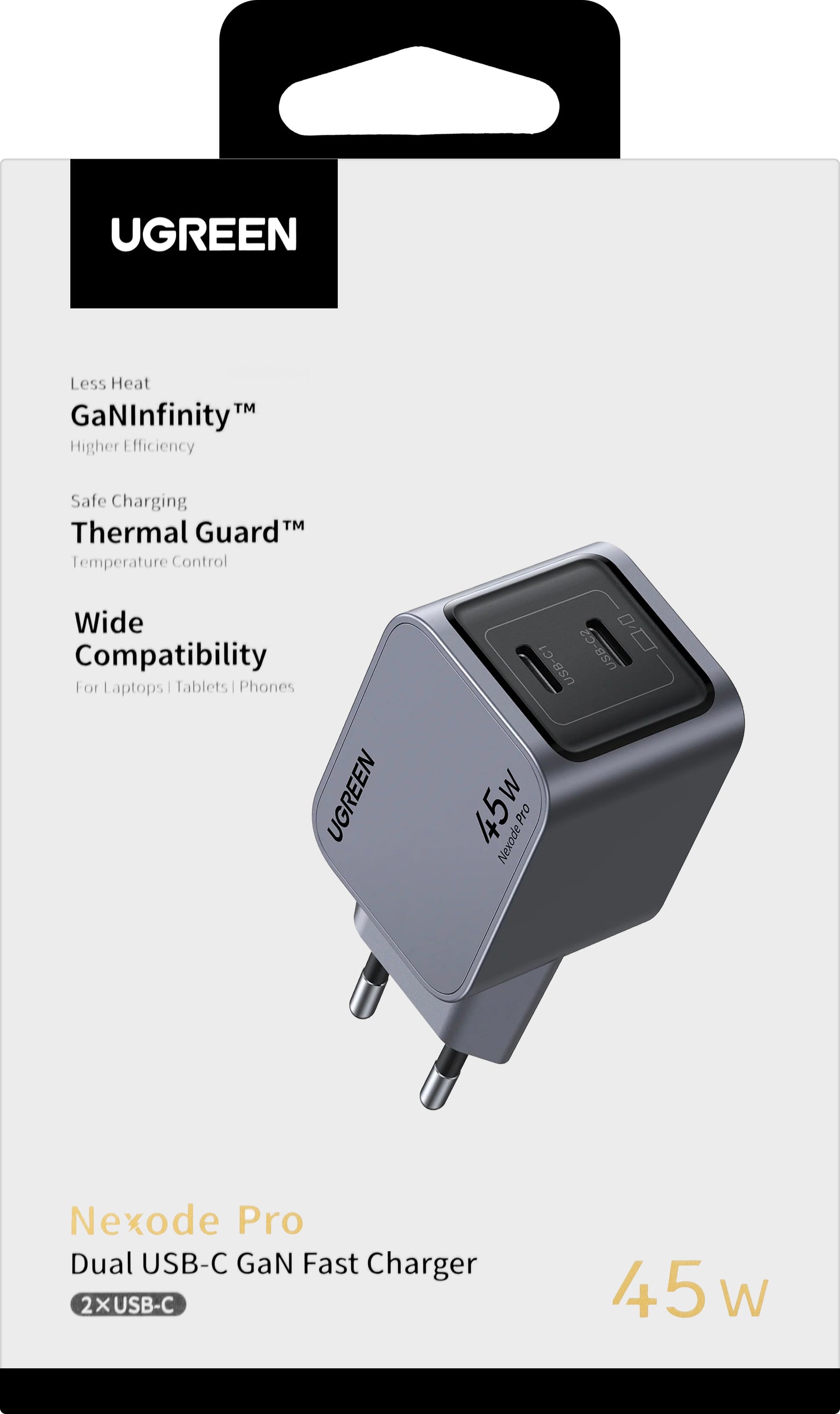 Netwerklader UGREEN X707 Nexode Pro, 45W, 3A, 2 x USB-C, Grijs 