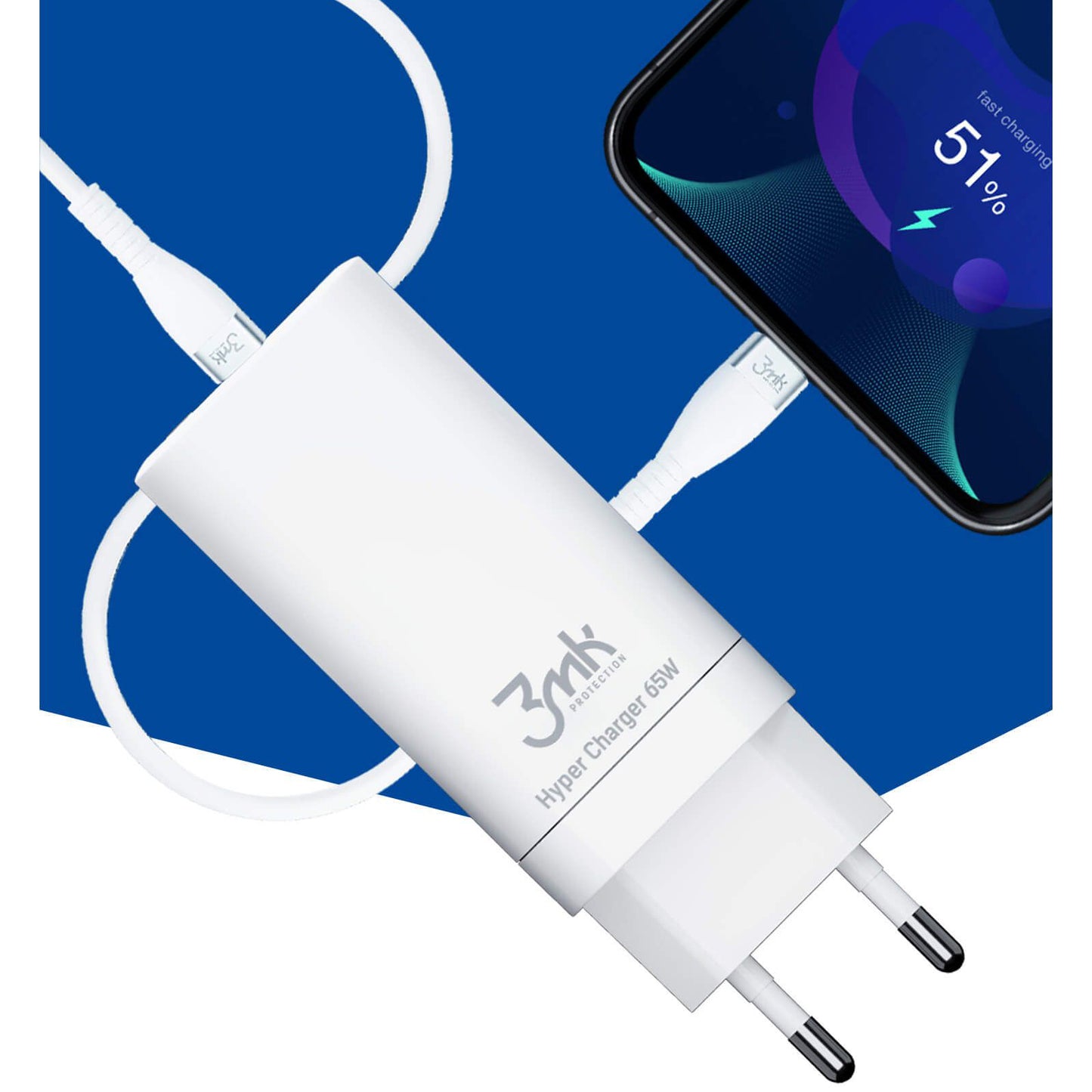 Netlader 3MK HyperCharger, 65W, 5A, 1 x USB-A - 2 x USB-C, Wit