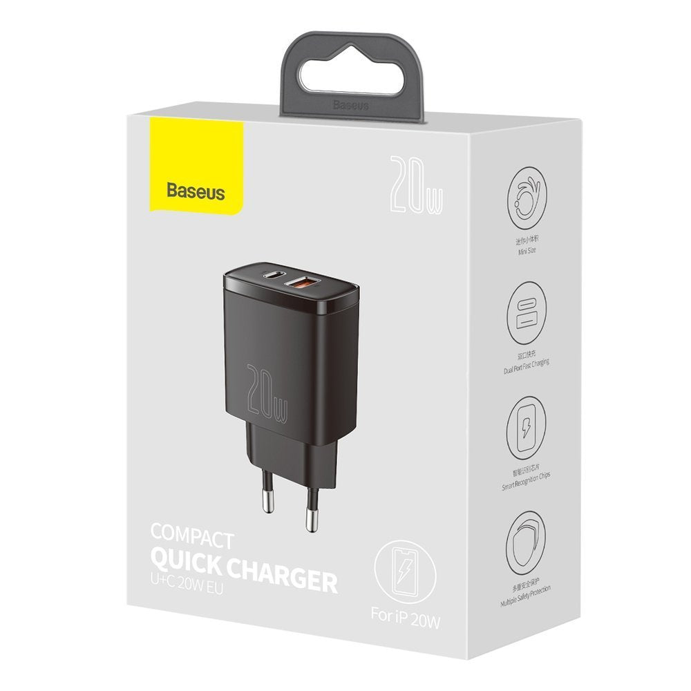 Baseus Compact Network Charger, 20W, 3A, 1 x USB-A - 1 x USB-C, Black CCXJ-B01 CCXJ-B01