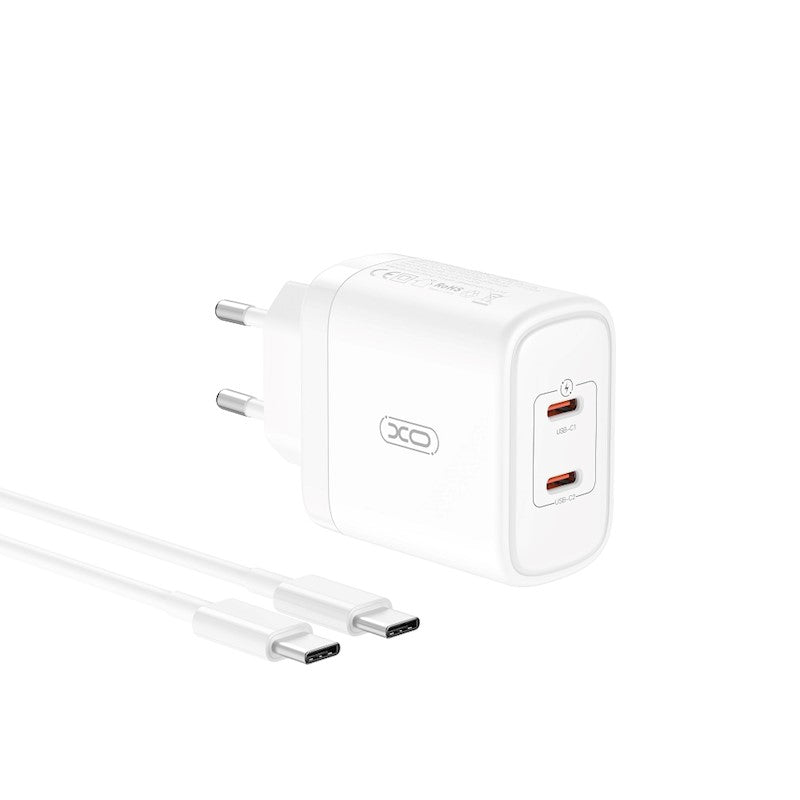 Netwerkoplader met USB-C kabel XO Design CE08, 50W, 3A, 2 x USB-C, Wit