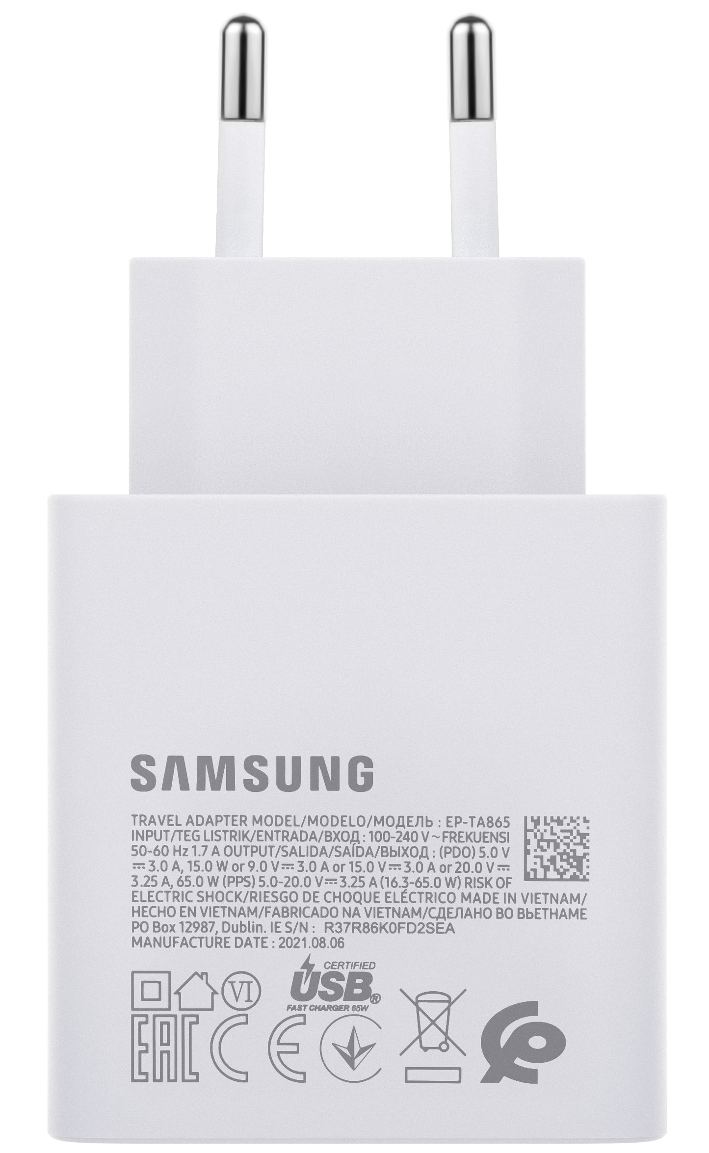 Netwerkoplader Samsung EP-TA865W, 65W, 3,25A, 1 x USB-C, Wit GP-PTU020SODWQ GP-PTU020SODWQ