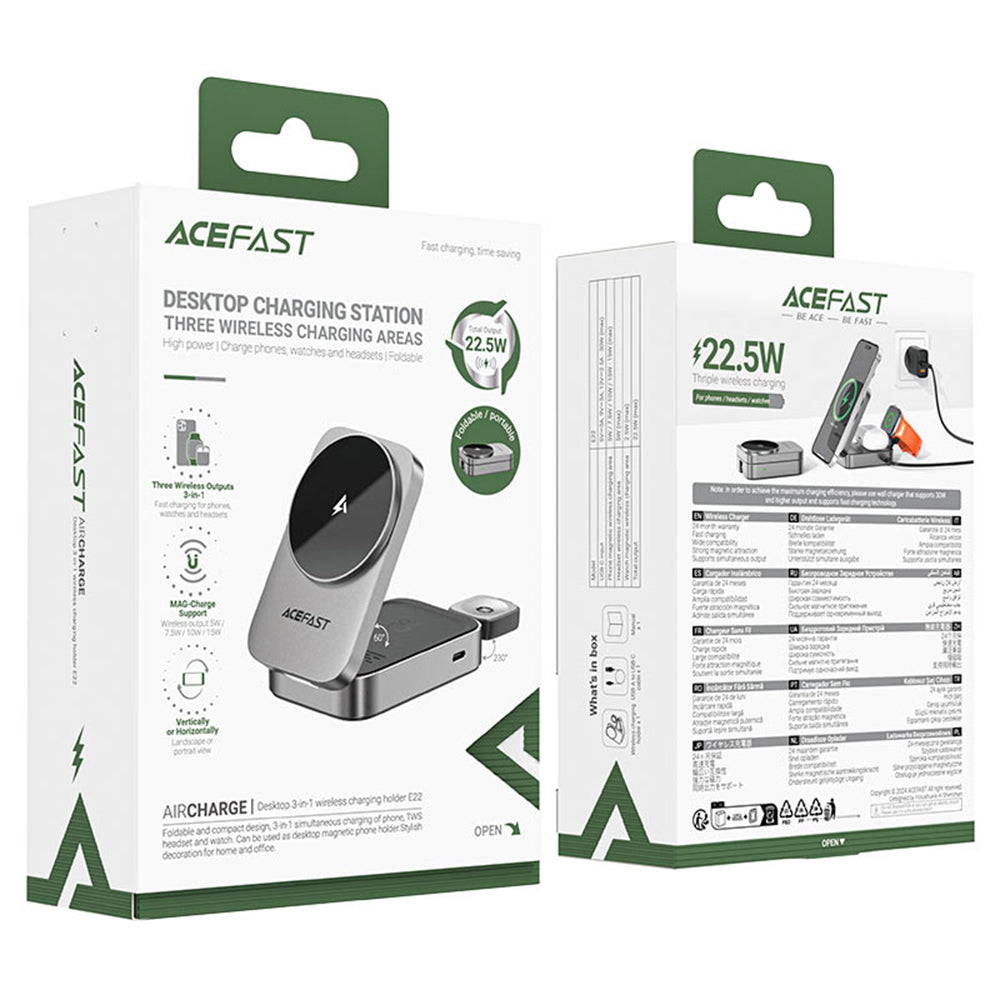 Draadloze Netwerkoplader Acefast E22 3in1, 22.5W, 1.67A, Gri