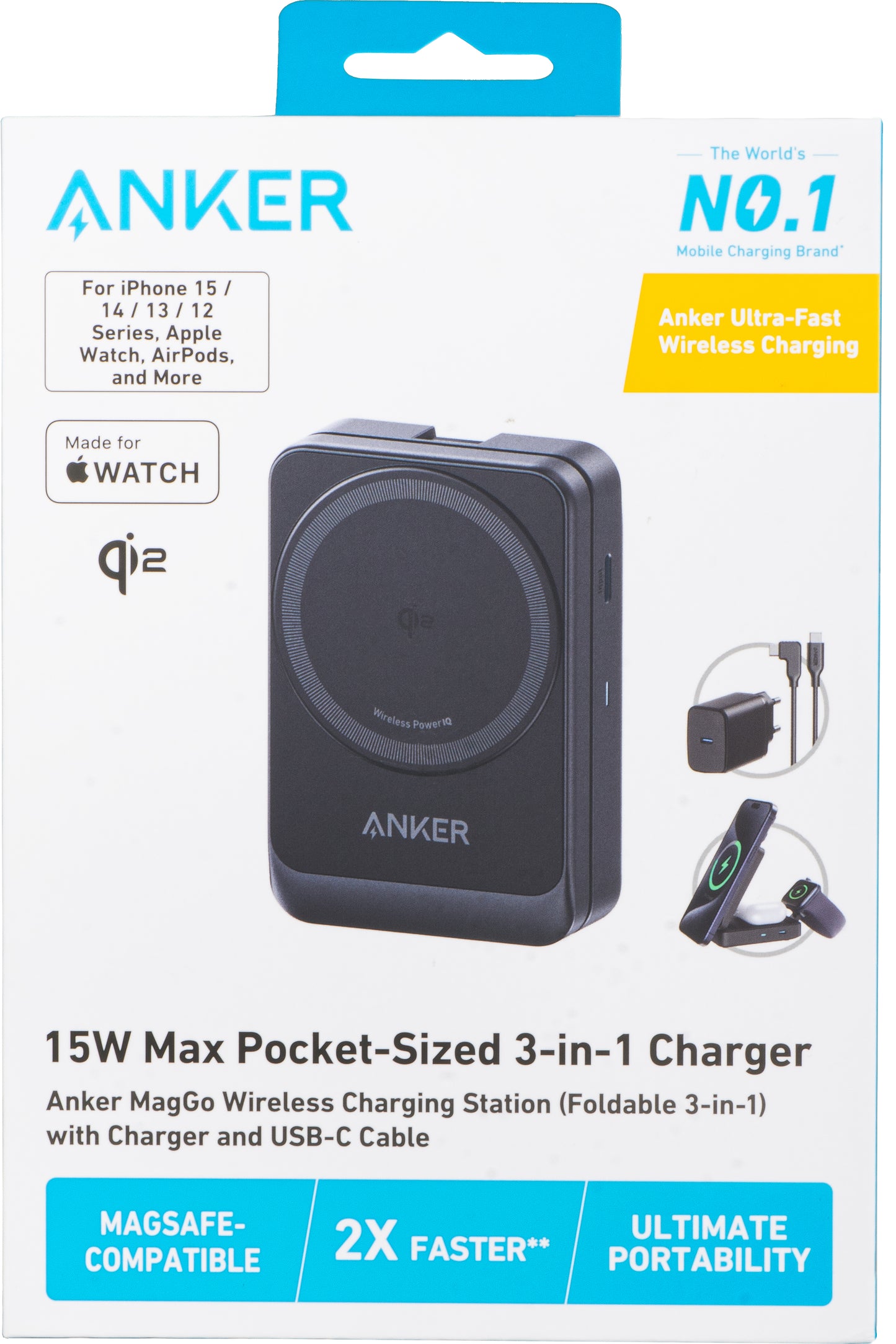 Anker MagGo 3in1 Draadloze Netwerkoplader, 15W, 1.67A, Zwart B2557311