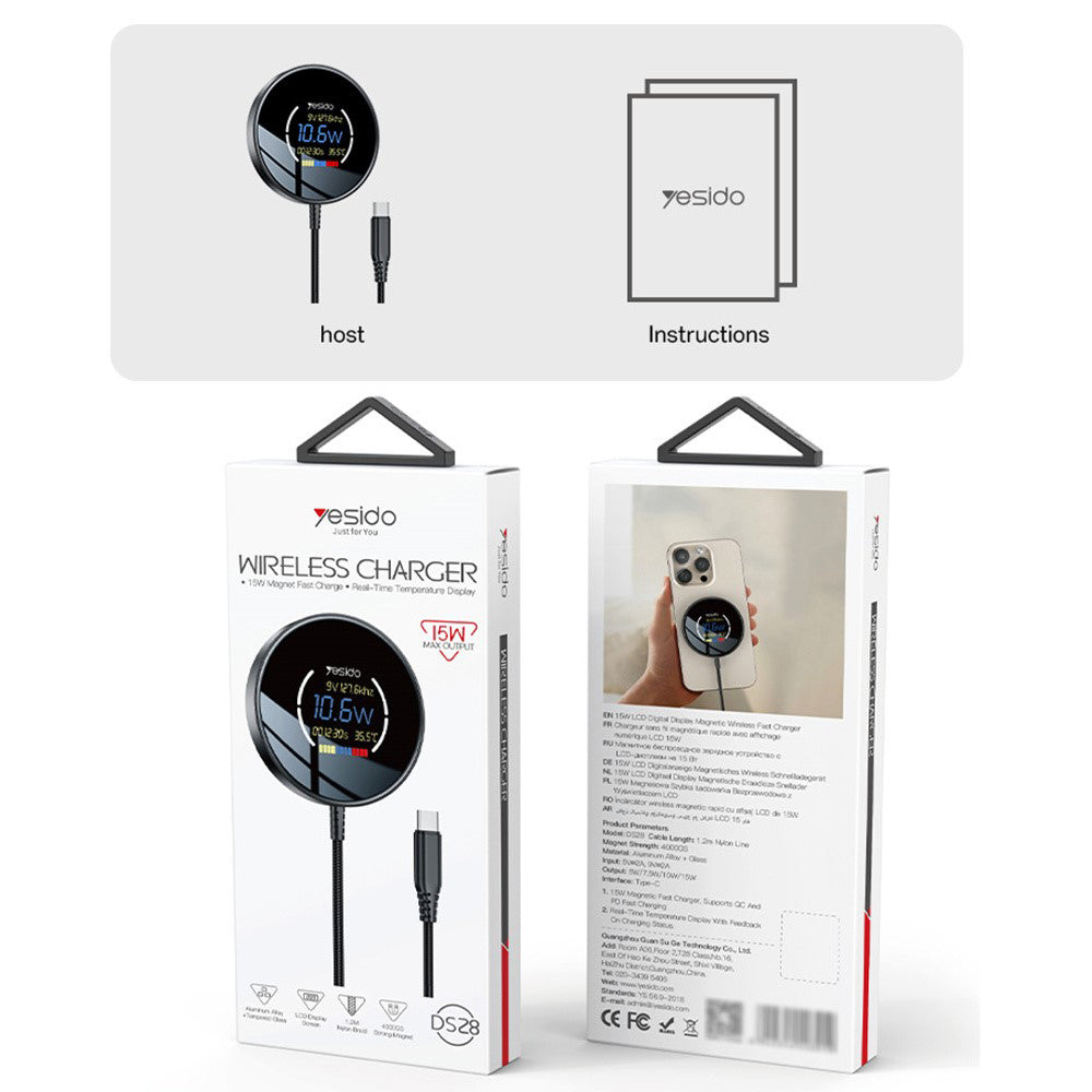 Draadloze Netwerkoplader Yesido DS28 Display, 15W, 1.67A, Zwart