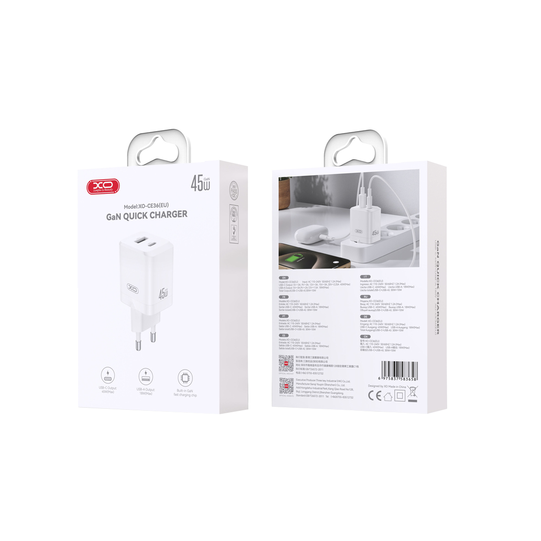 XO Design CE36 Network Charger, 45W, 3A, 1 x USB-A - 1 x USB-C, White