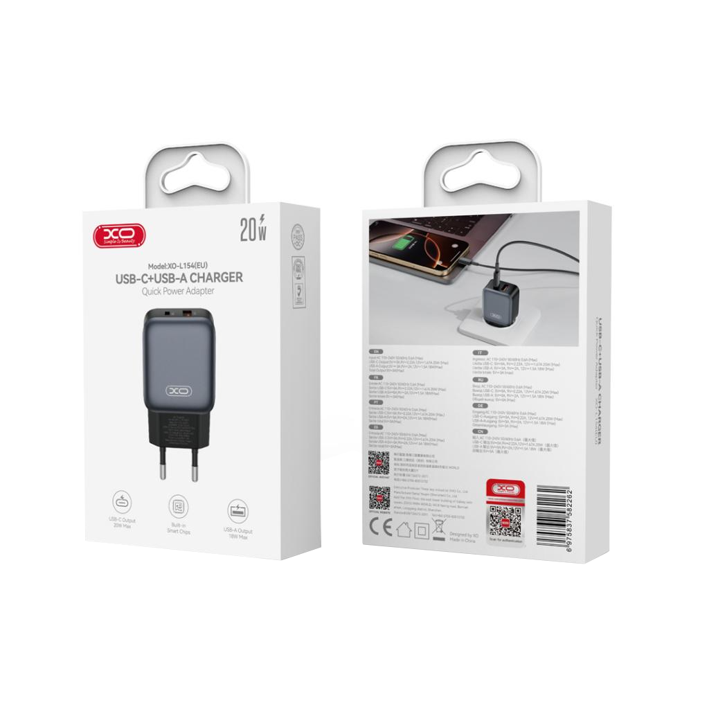XO Design L154 Network Charger, 20W, 3A, 1 x USB-A - 1 x USB-C, Black