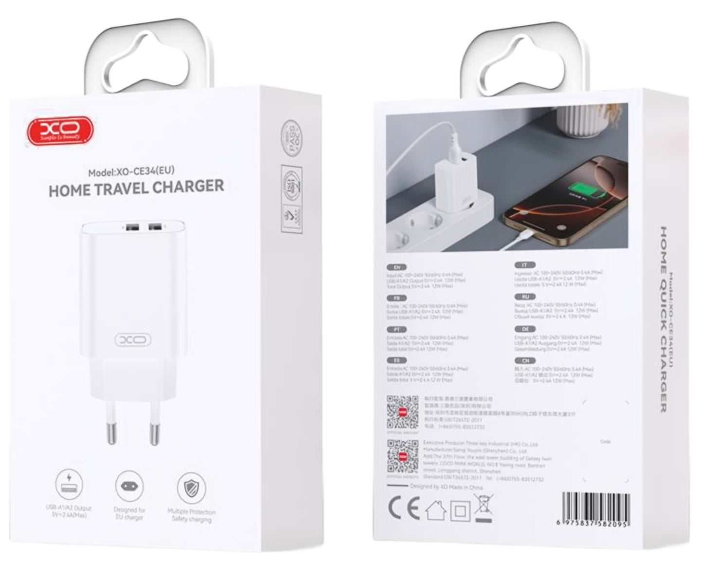 Netwerkoplader XO Design CE34, 12W, 2.4A, 2 x USB-A, Wit