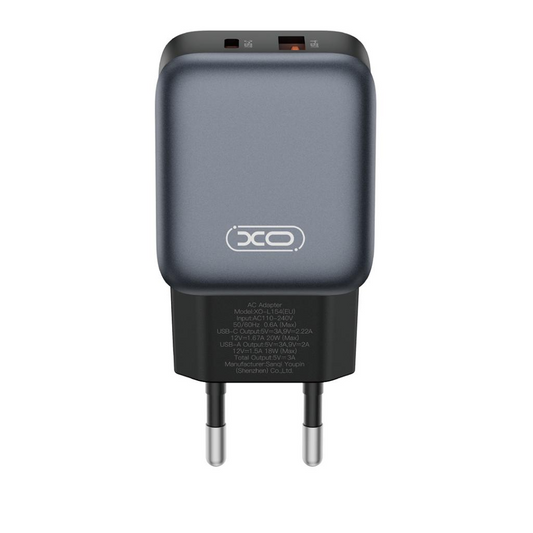 Netwerkoplader XO Design L154, 20W, 3A, 1 x USB-A - 1 x USB-C, Zwart