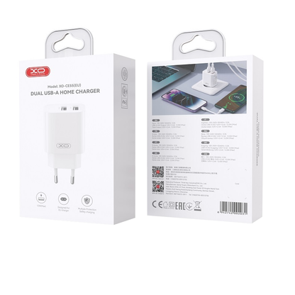 XO Design CE55-netlader, 12 W, 2,4 A, 2 x USB-A, wit