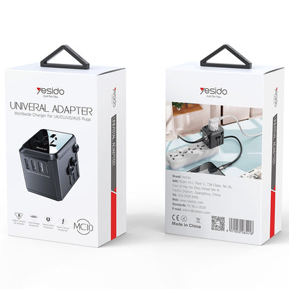 Yesido MC10 Travel Power Adapter, 18W, 3.6A, 1 x USB-C - 3 x USB-A, Black