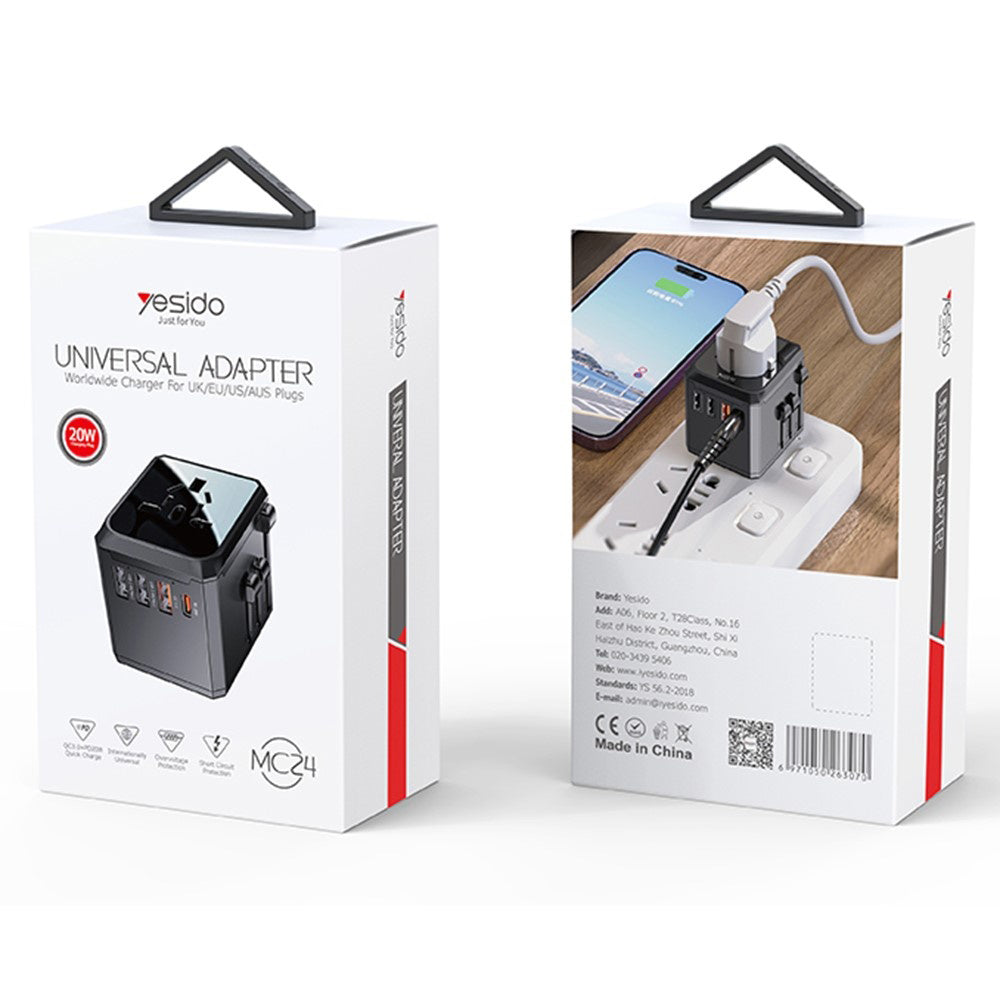 Netwerkoplader Yesido MC24 Travel, 20W, 3A, 3 x USB-A - 1 x USB-C, Zwart