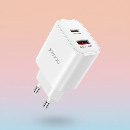 Yesido YC02E Network Charger, 20W, 3A, 1 x USB-A - 1 x USB-C, White