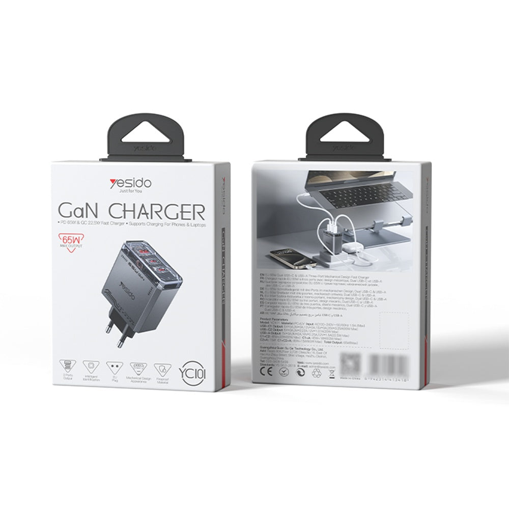 Netwerkoplader Yesido YC101, 65W, 3.25A, 1 x USB-A - 2 x USB-C, Zwart