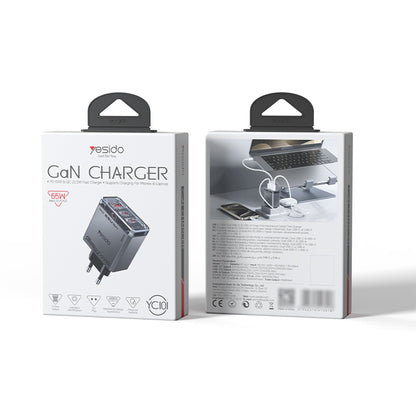 Netwerkoplader Yesido YC101, 65W, 3.25A, 1 x USB-A - 2 x USB-C, Zwart