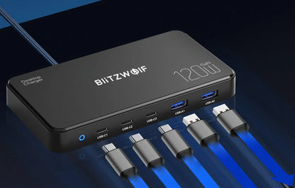 BlitzWolf BW-i100 Charging Station, 120W, 5A, 2 x USB-A - 3 x USB-C, Black