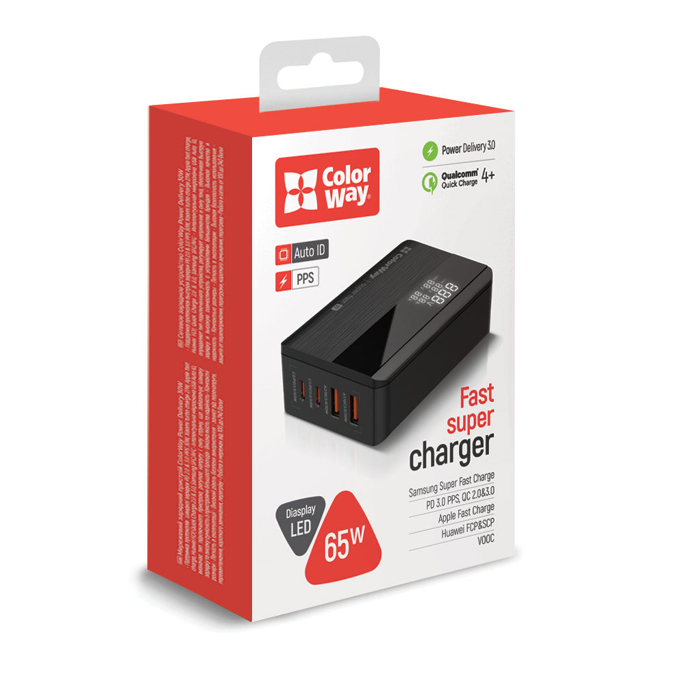 ColorWay Display Charging Station, 65W, 3.25A, 2 x USB-A - 2 x USB-C, Black