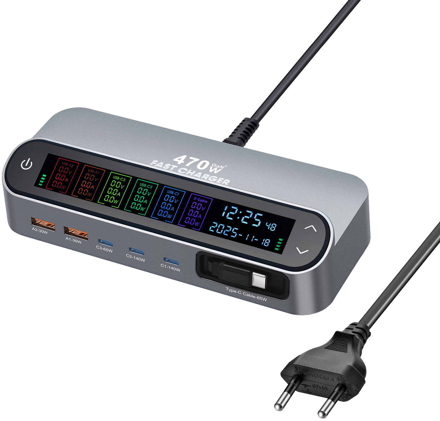 Oplaadstation met USB-C-kabel OEM LCD470W, 470W, 5A, 2 x USB-A - 3 x USB-C, Grijs