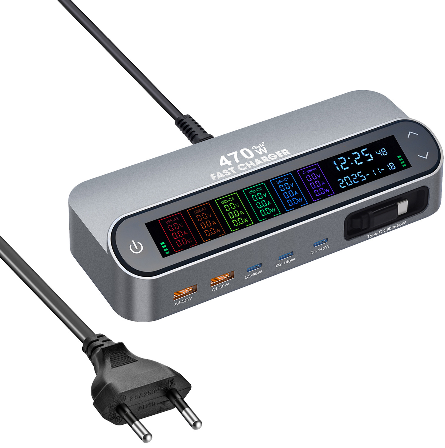 Oplaadstation met USB-C-kabel OEM LCD470W, 470W, 5A, 2 x USB-A - 3 x USB-C, Grijs