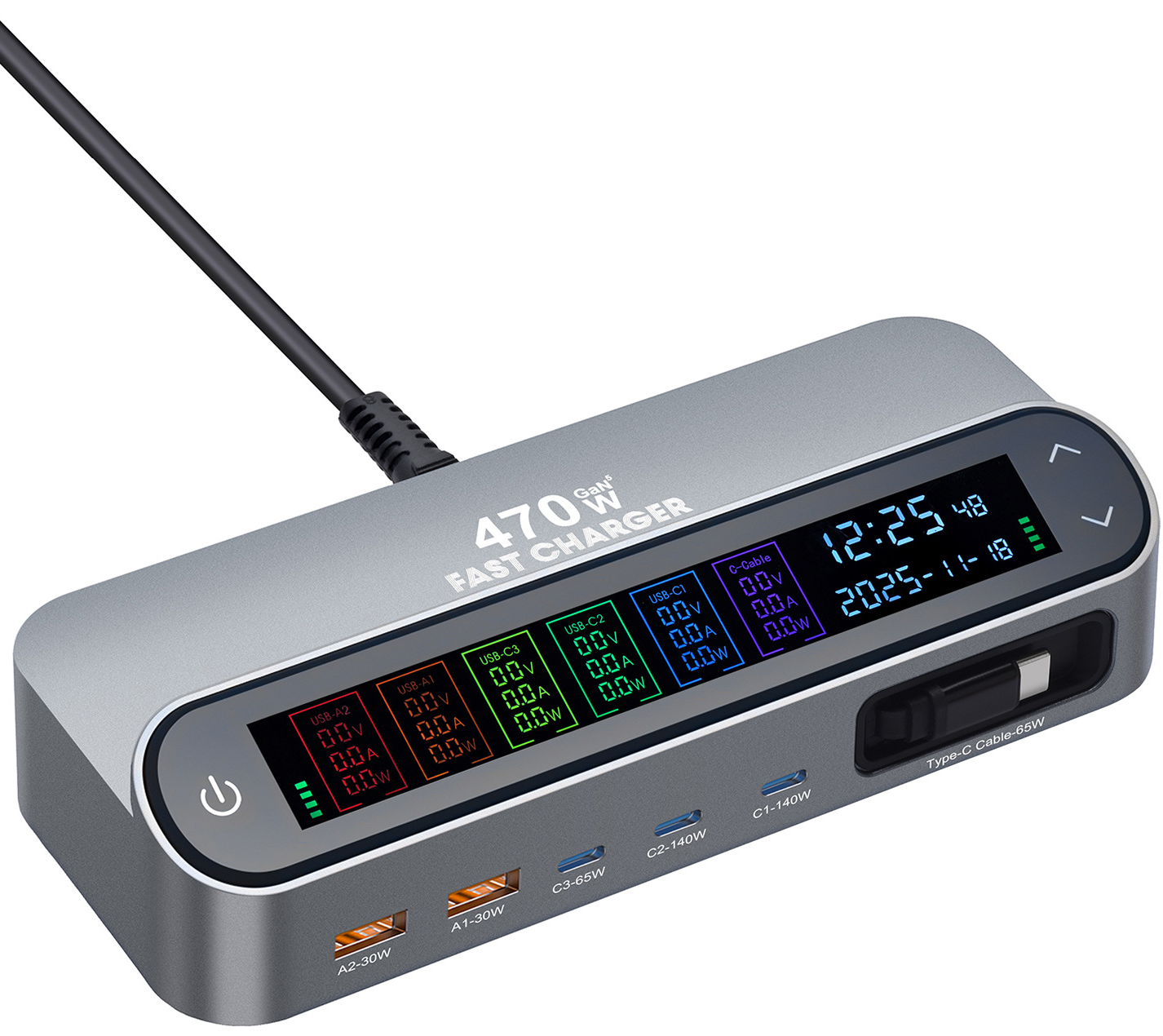 Oplaadstation met USB-C-kabel OEM LCD470W, 470W, 5A, 2 x USB-A - 3 x USB-C, Grijs
