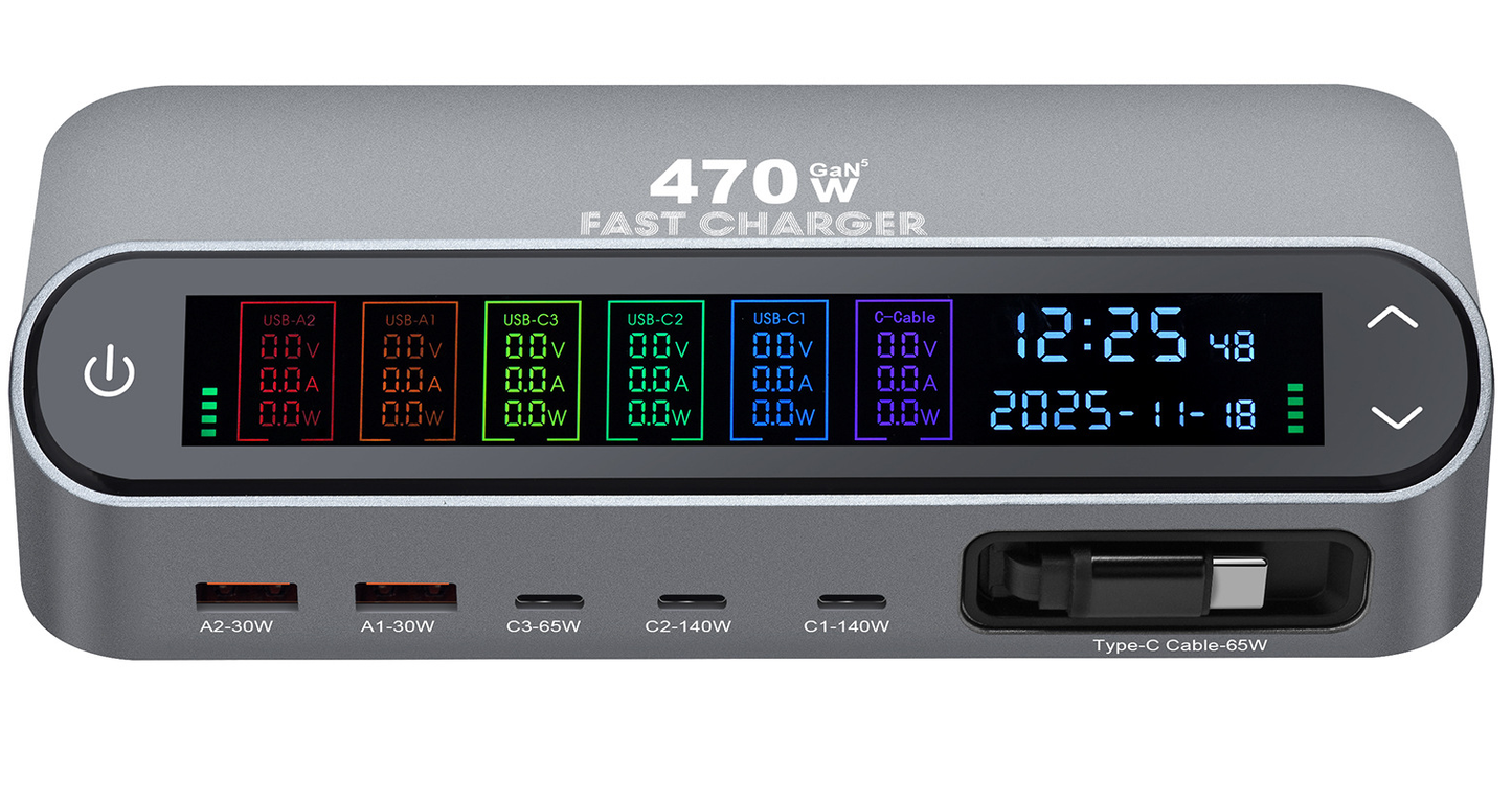 Oplaadstation met USB-C-kabel OEM LCD470W, 470W, 5A, 2 x USB-A - 3 x USB-C, Grijs