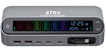 Oplaadstation met USB-C-kabel OEM LCD470W, 470W, 5A, 2 x USB-A - 3 x USB-C, Grijs