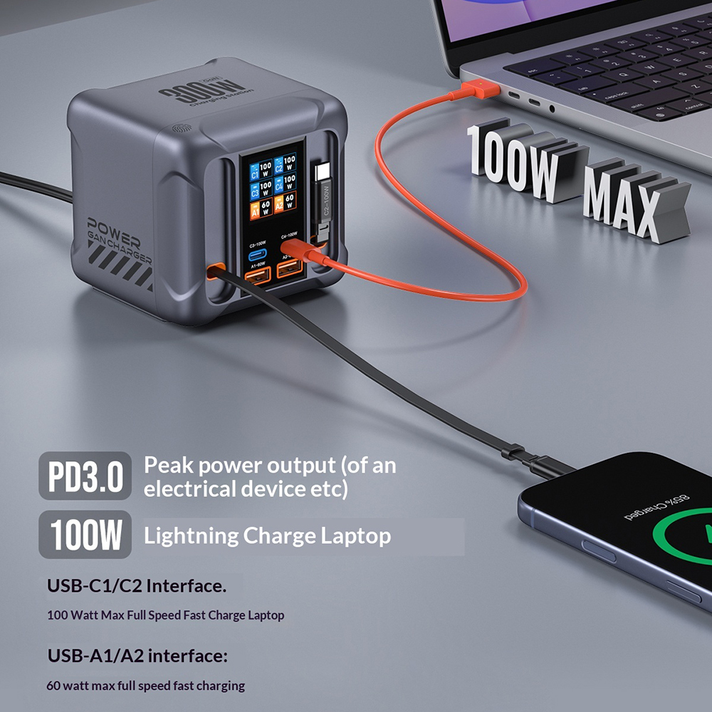 Oplaadstation met USB-C-kabel OEM HW866, 300W, 5A, 2 x USB-A - 2 x USB-C, Grijs