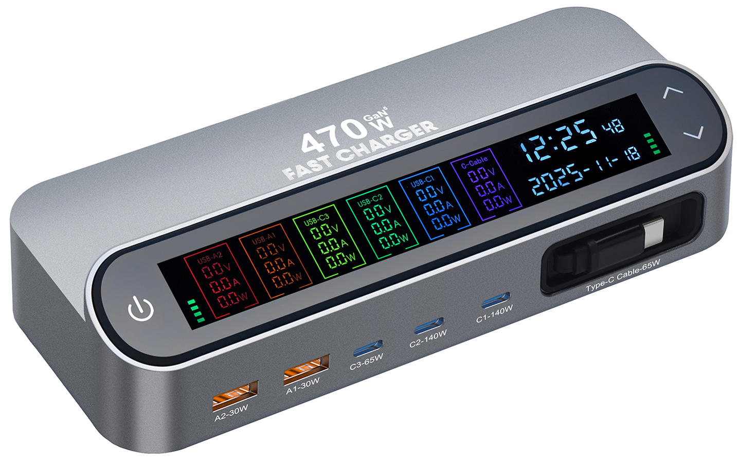 Oplaadstation met USB-C-kabel OEM LCD470W, 470W, 5A, 2 x USB-A - 3 x USB-C, Grijs