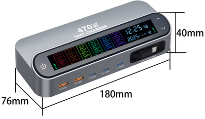 Oplaadstation met USB-C-kabel OEM LCD470W, 470W, 5A, 2 x USB-A - 3 x USB-C, Grijs