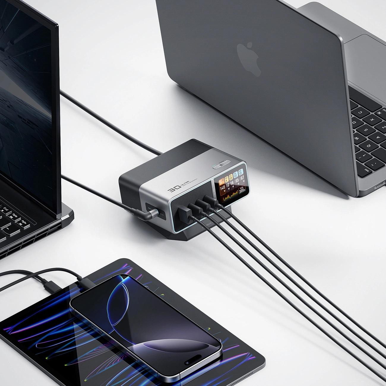 Cuktech TA3005U laadstation, 300W, 1 x DC - 1 x USB-A - 3 x USB-C, Grijs