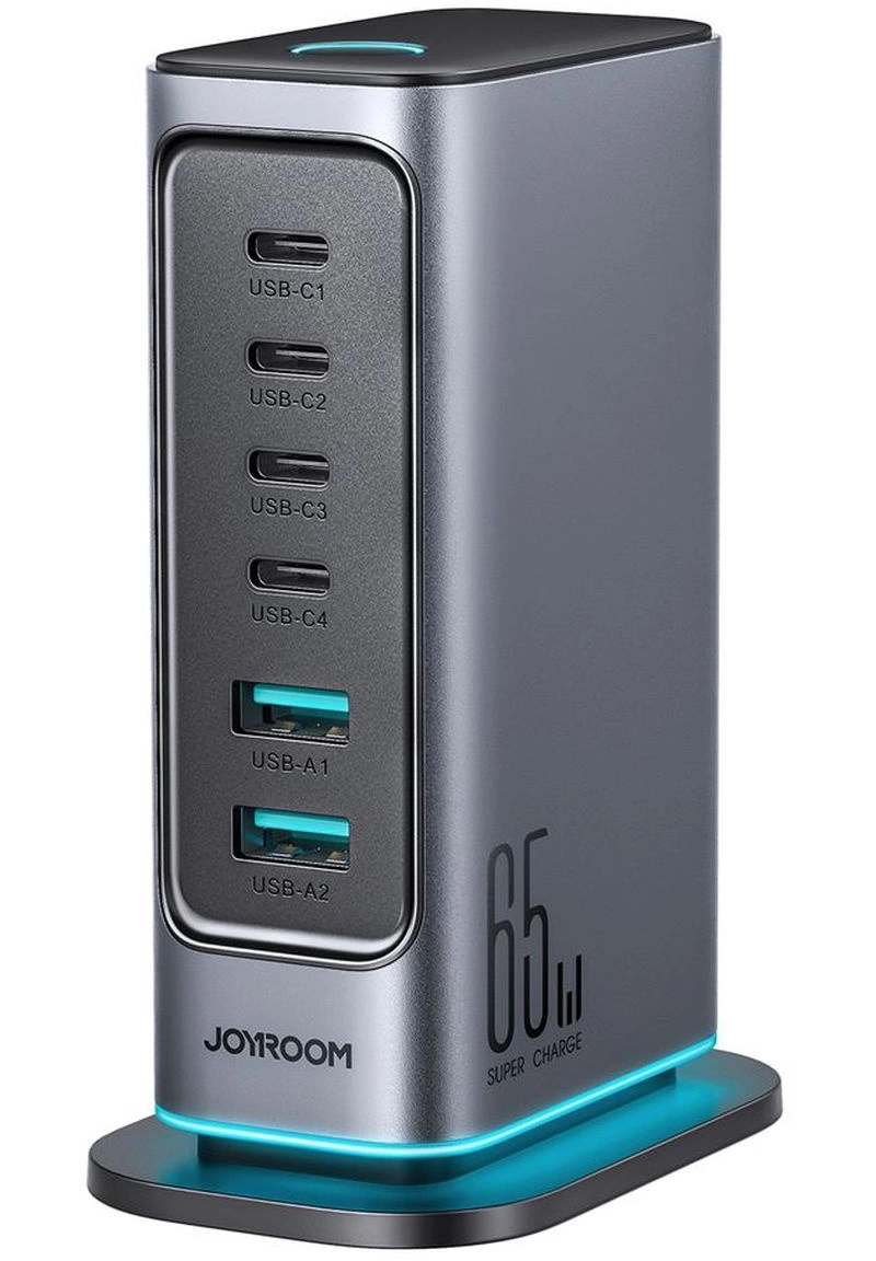 Joyroom JR-TCM02 UK Stationlader, 65W, 3.25A, 2 x USB-A - 4 x USB-C, Grijs