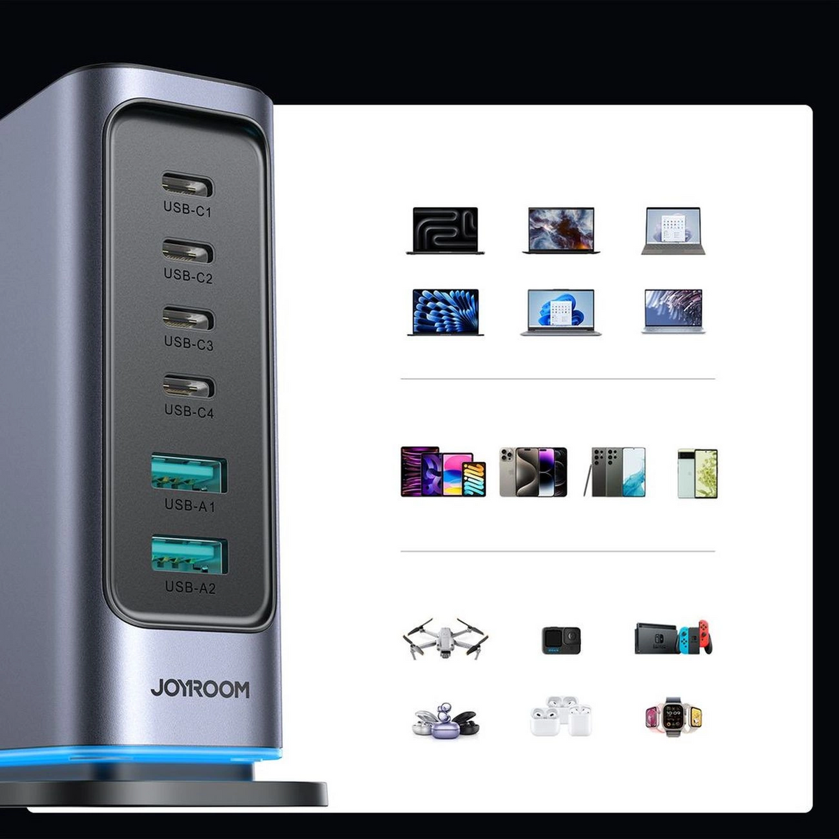 Joyroom JR-TCM02 UK Stationlader, 65W, 3.25A, 2 x USB-A - 4 x USB-C, Grijs