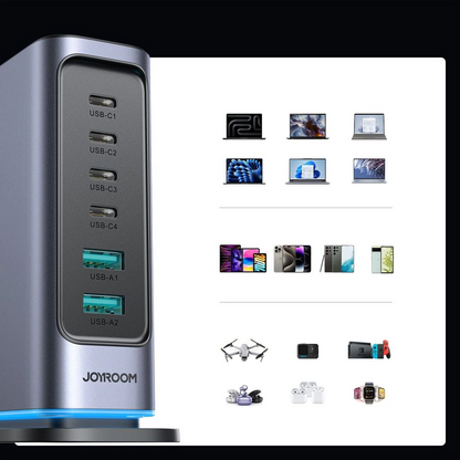 Joyroom JR-TCM02 UK Stationlader, 65W, 3.25A, 2 x USB-A - 4 x USB-C, Grijs