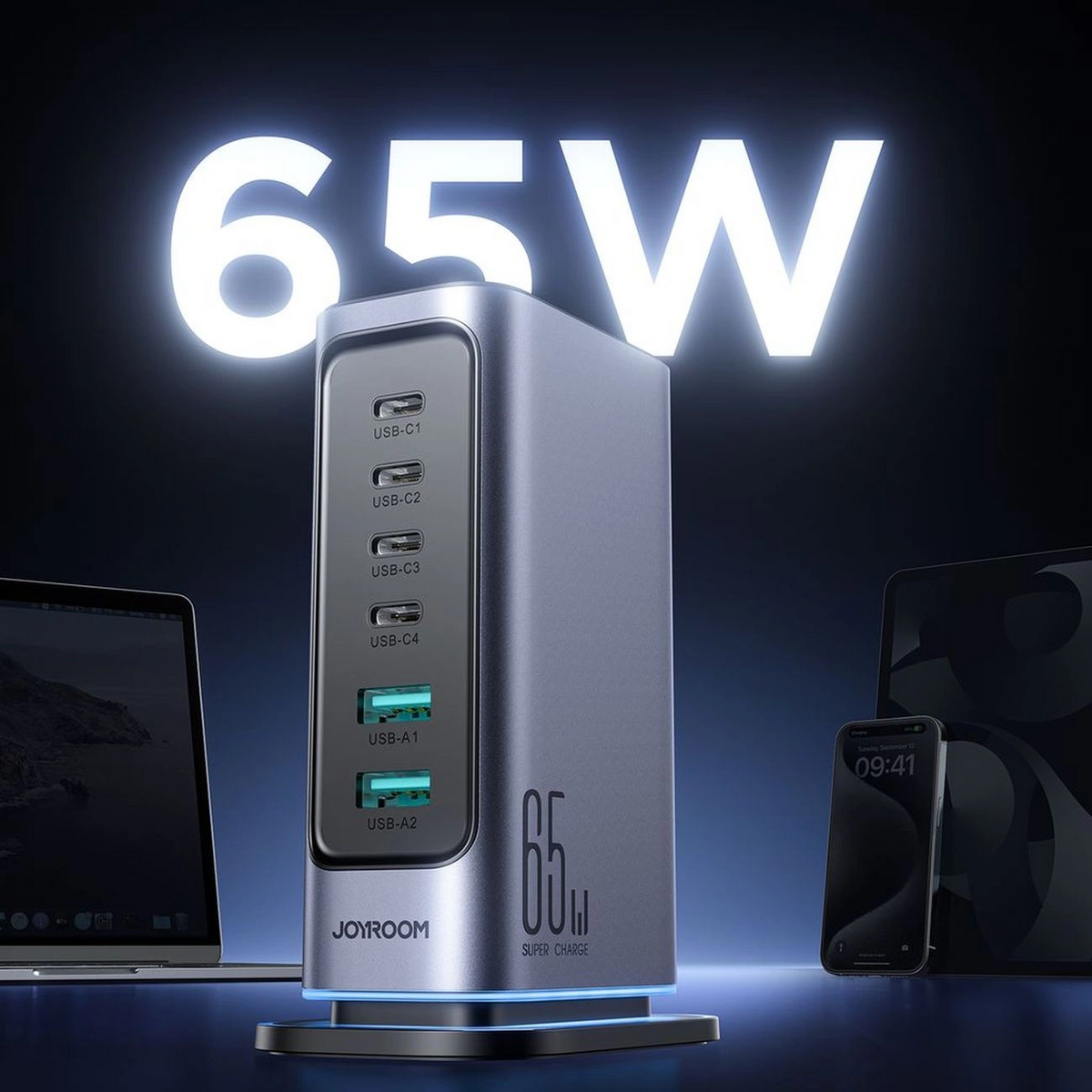 Joyroom JR-TCM02 UK Stationlader, 65W, 3.25A, 2 x USB-A - 4 x USB-C, Grijs