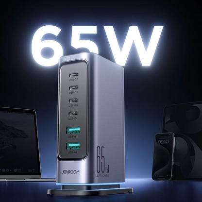 Joyroom JR-TCM02 UK Stationlader, 65W, 3.25A, 2 x USB-A - 4 x USB-C, Grijs