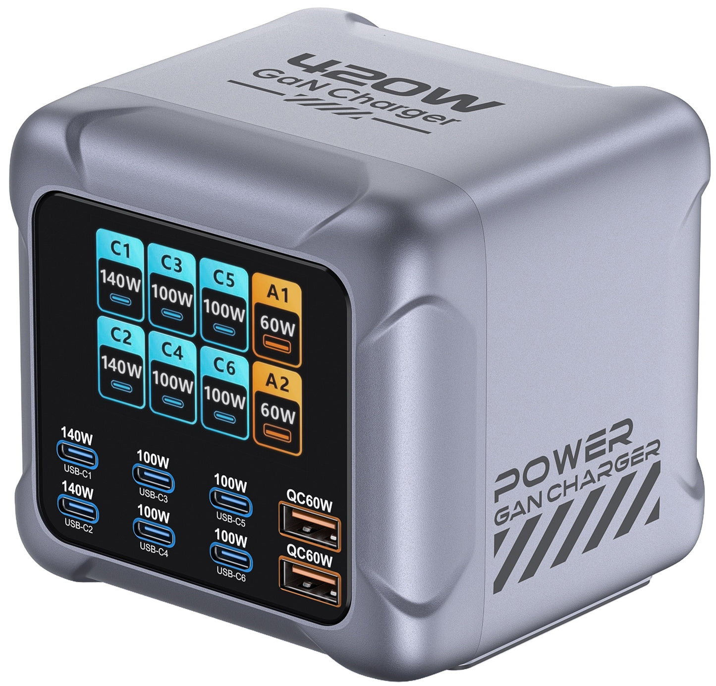 OEM Stationlader BK-126D, 140W, 5A, 2 x USB-A - 6 x USB-C, Grijs