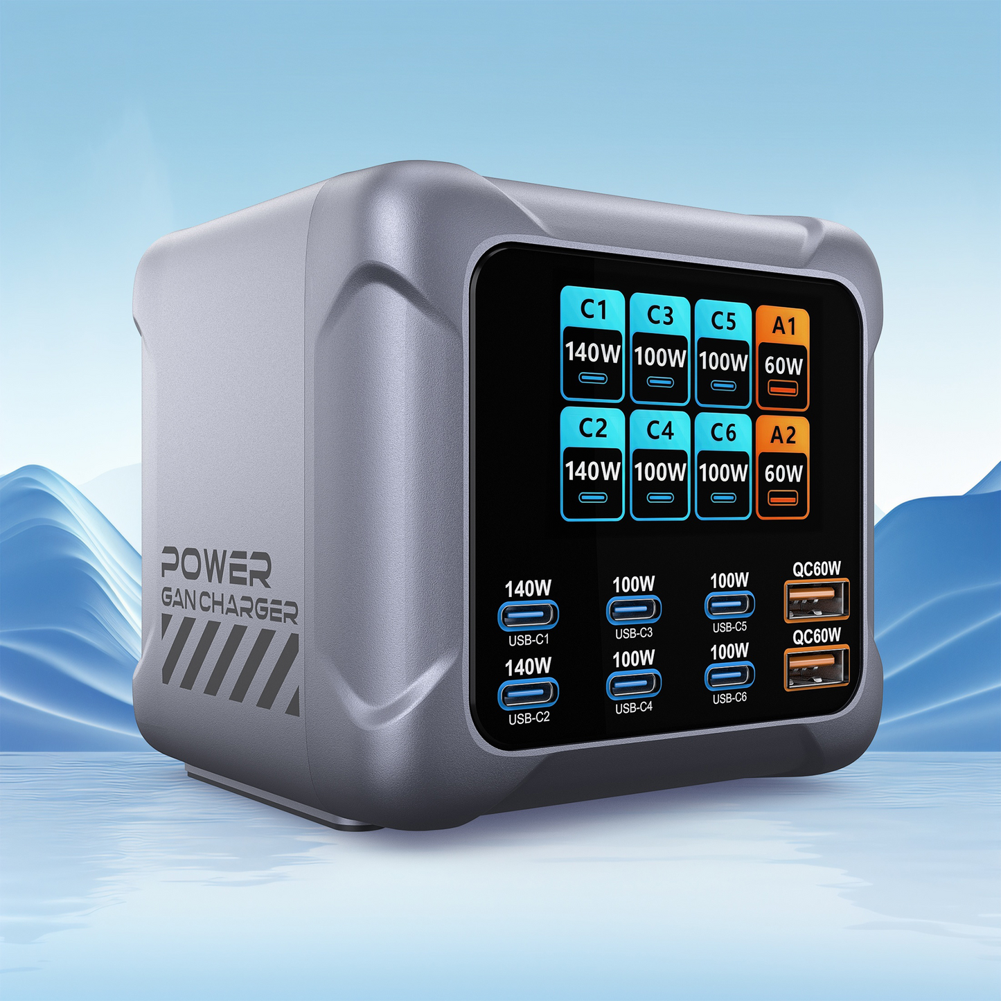 OEM Stationlader BK-126D, 140W, 5A, 2 x USB-A - 6 x USB-C, Grijs