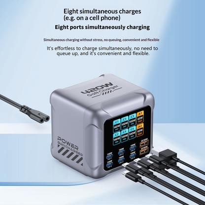 OEM Stationlader BK-126D, 140W, 5A, 2 x USB-A - 6 x USB-C, Grijs