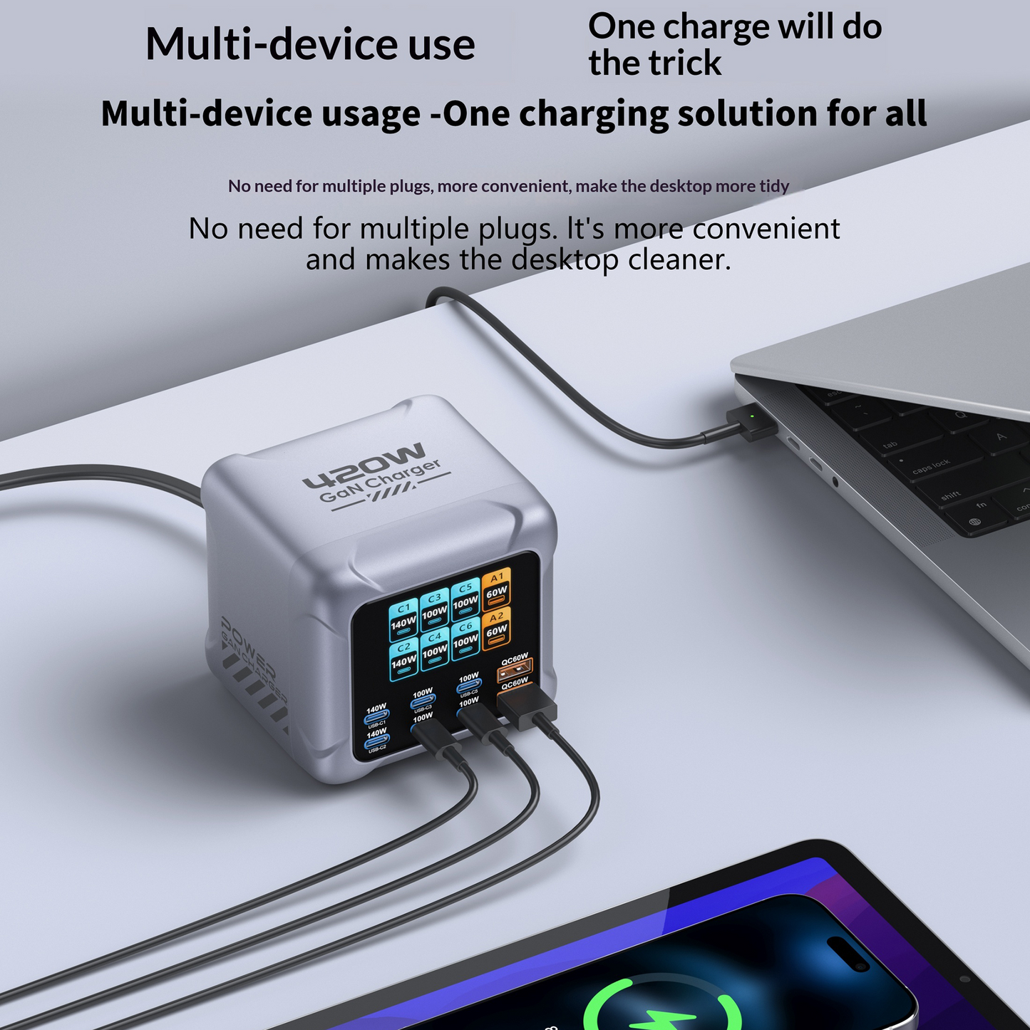 OEM Stationlader BK-126D, 140W, 5A, 2 x USB-A - 6 x USB-C, Grijs
