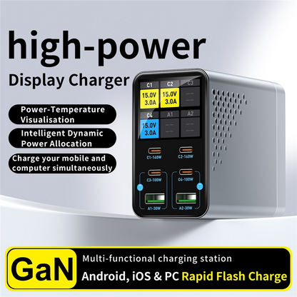 OEM WLX-G3 Stationlader, 140W, 5A, 2 x USB-A - 4 x USB-C, Grijs