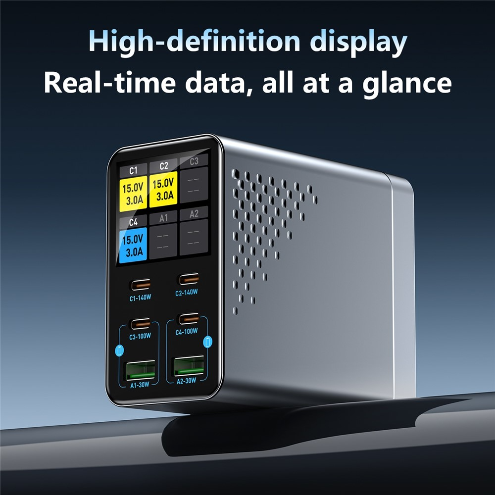 OEM WLX-G3 Stationlader, 140W, 5A, 2 x USB-A - 4 x USB-C, Grijs
