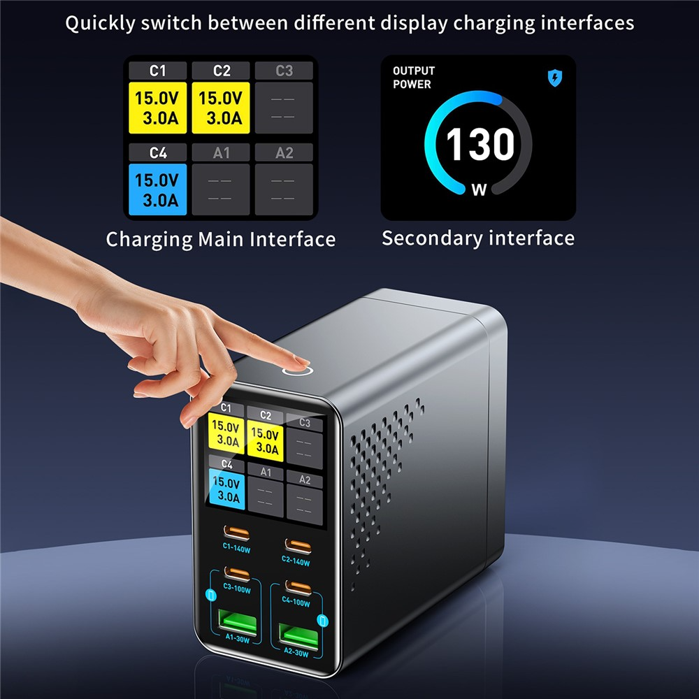 OEM WLX-G3 Stationlader, 140W, 5A, 2 x USB-A - 4 x USB-C, Grijs