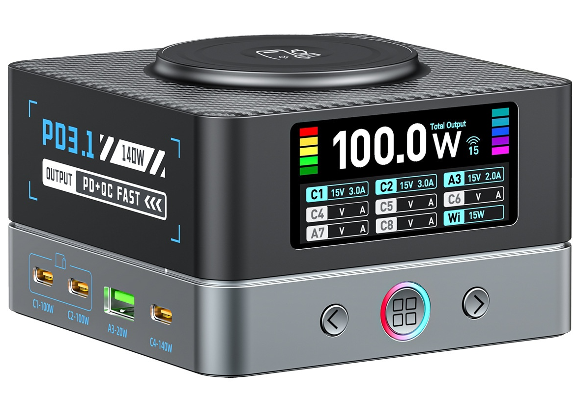 OEM WLX-R8A QI Stationlader, 140W, 5A, 2 x USB-A - 6 x USB-C, Grijs