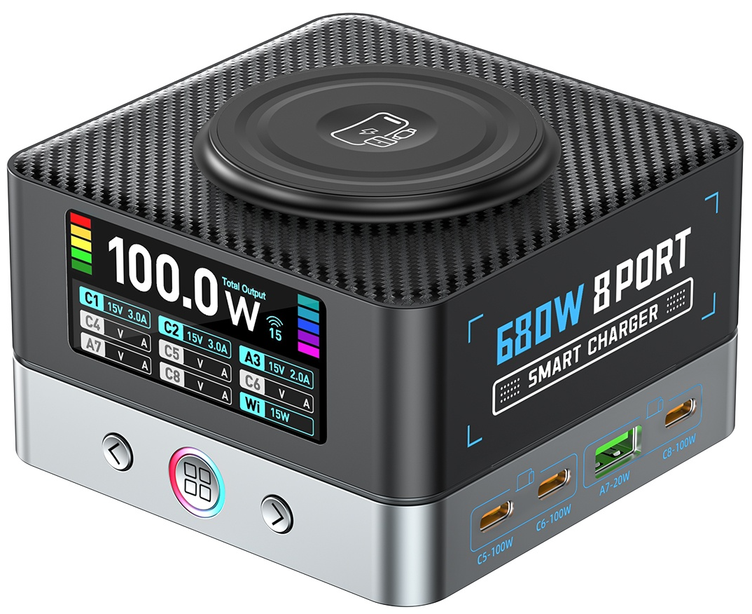 OEM WLX-R8A QI Stationlader, 140W, 5A, 2 x USB-A - 6 x USB-C, Grijs